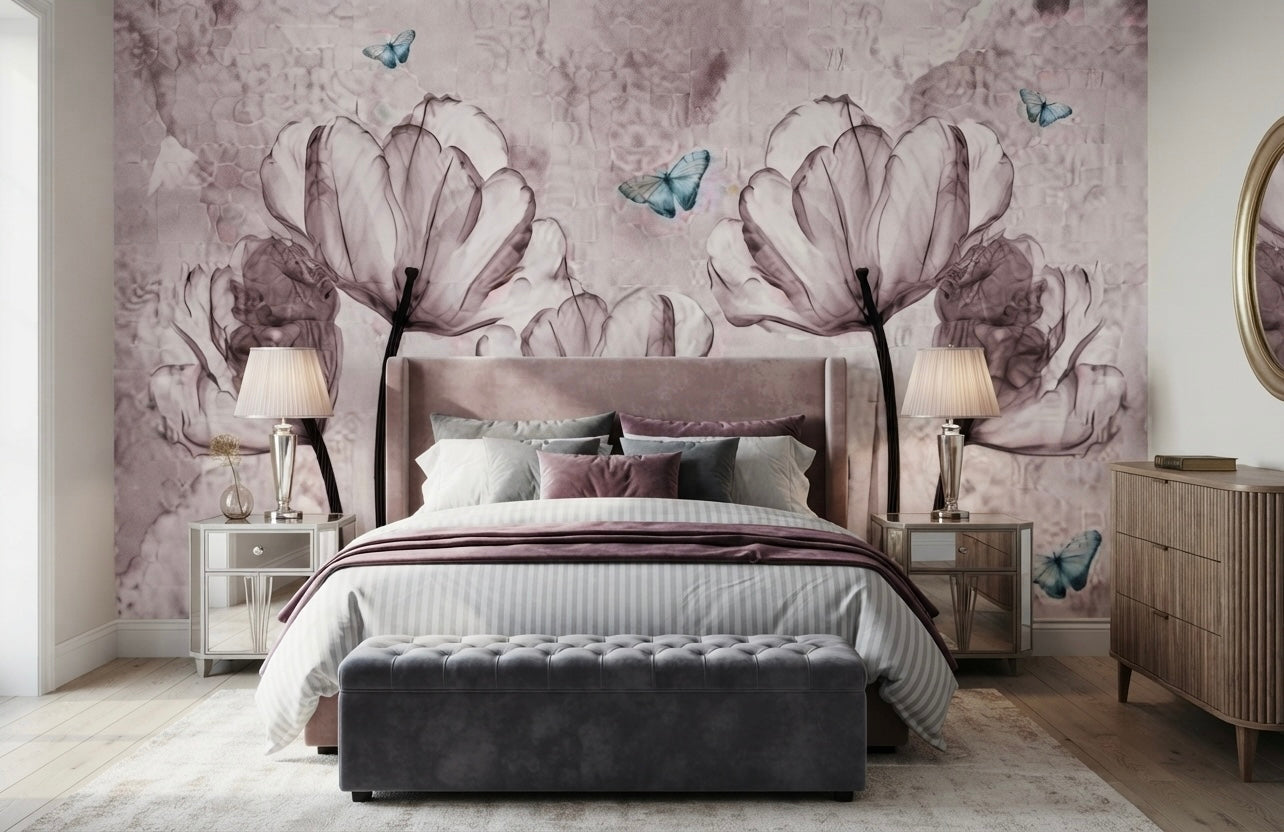 Blush Magnolia Butterfly Floral Mural Wallpaper