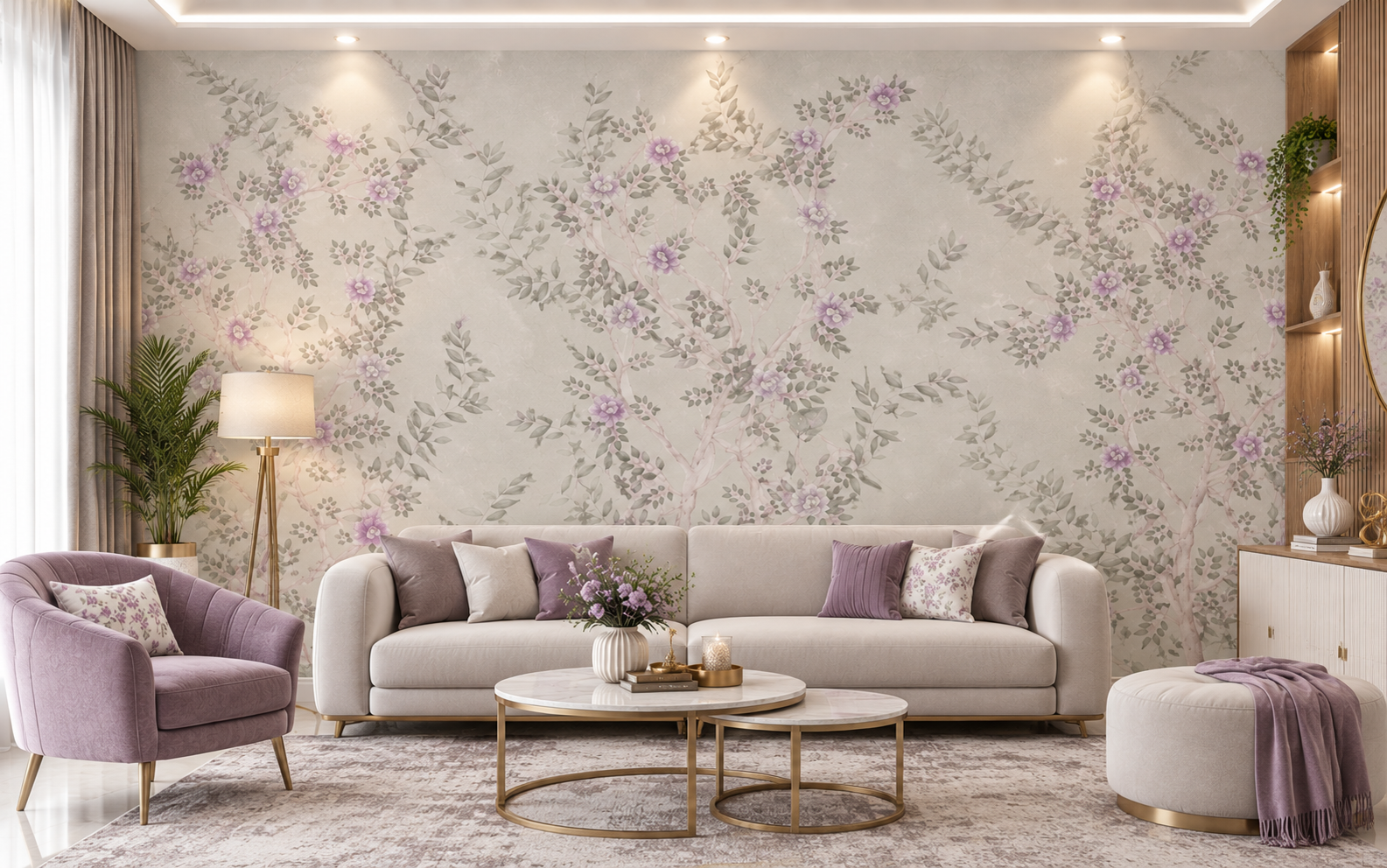 Blush Blossom Lavender Grey Garden Floral Wallpaper