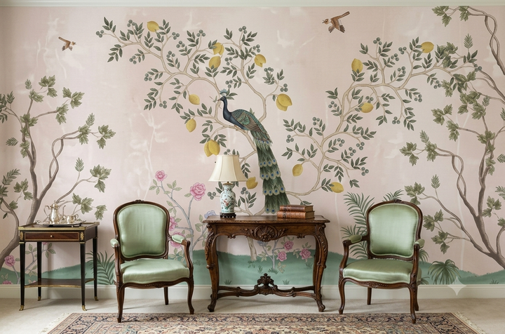 Royal Peacock Garden Blush Pink Wallpaper