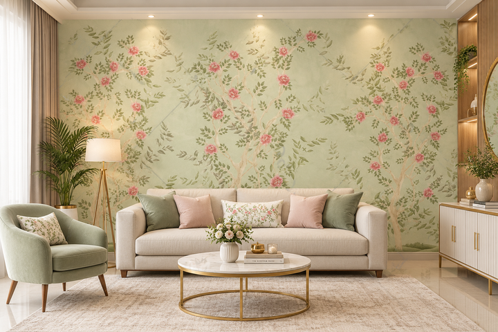 Blush Blossom Green  Garden  Floral Wallpaper