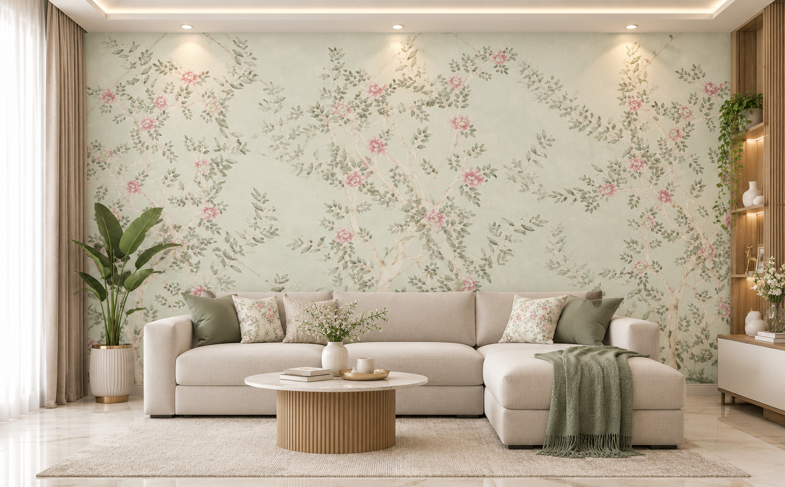 Blush Blossom Saga green Floral Wallpaper