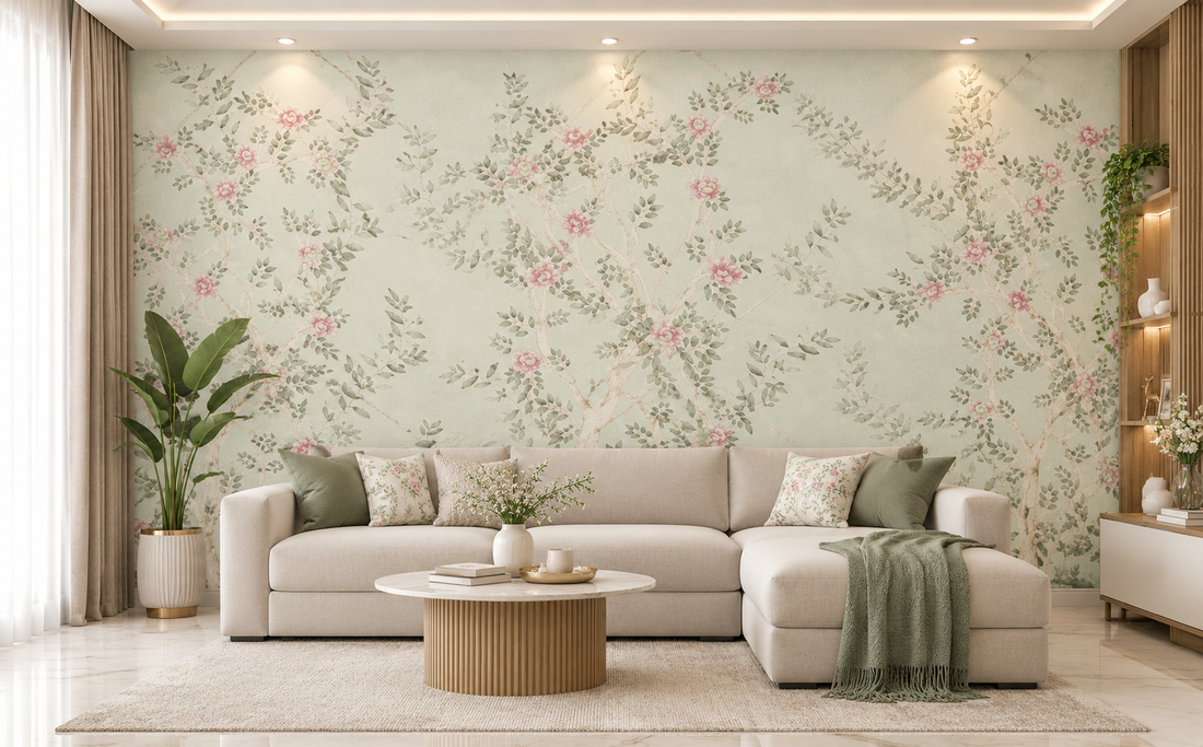 Blush Blossom Saga green Floral Wallpaper