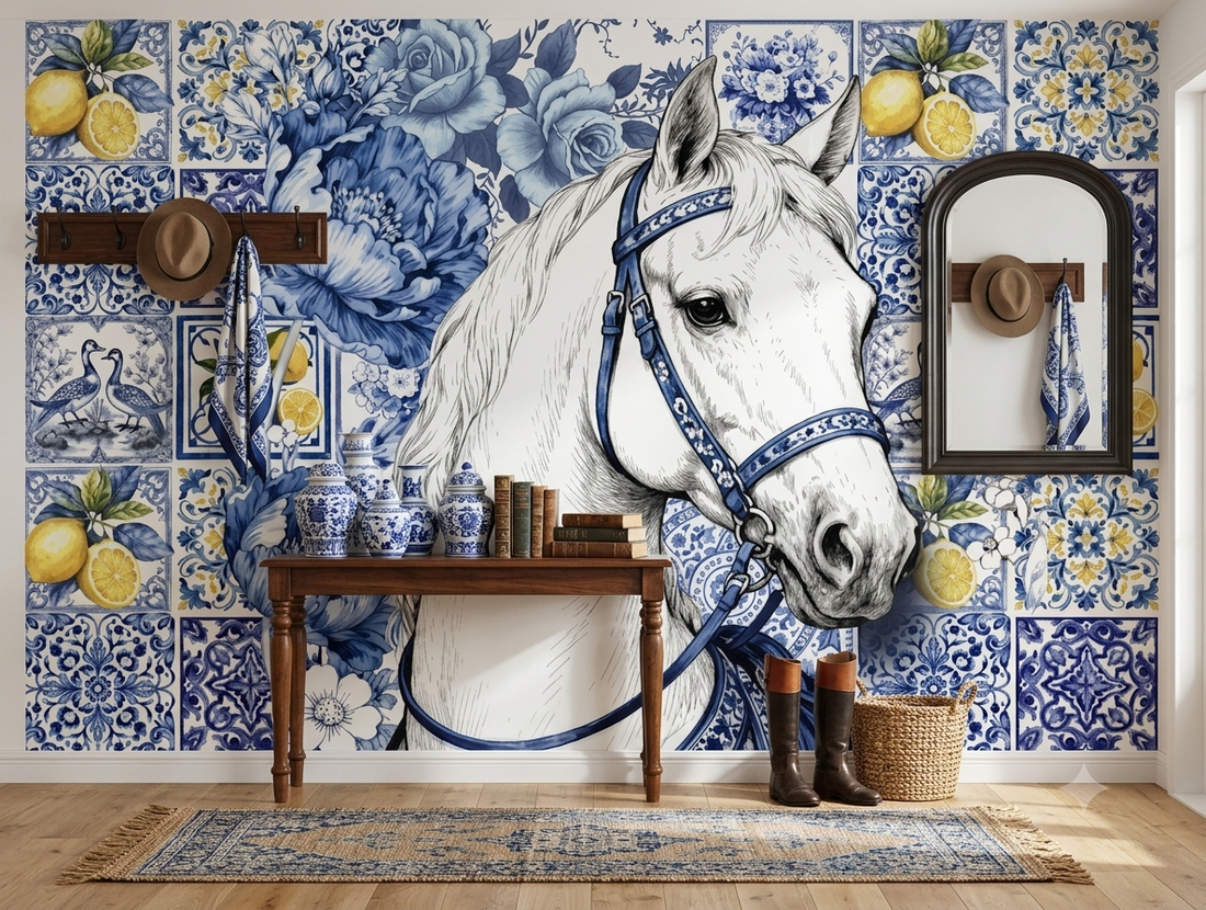 Blue Majolica Tile & White Horse Wallpaper