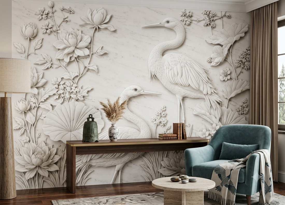 Lotus & Heron Relief Mural Wallpaper