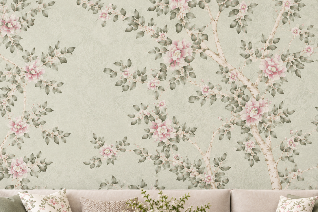 Blush Blossom Saga green Floral Wallpaper