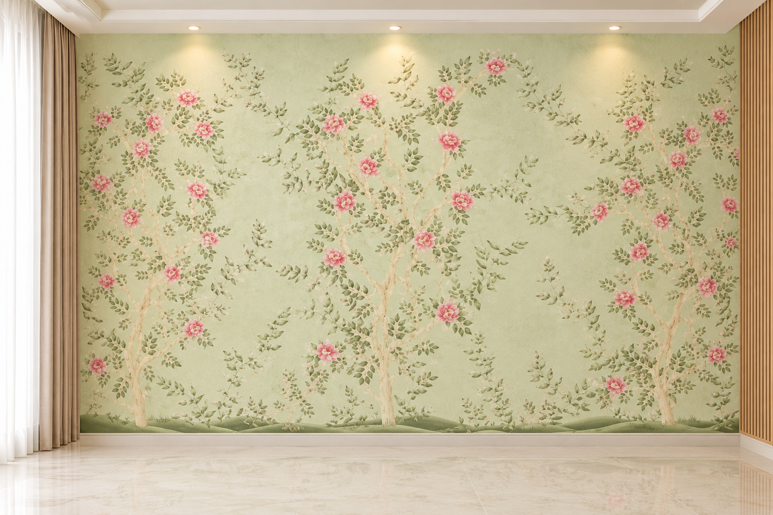 Blush Blossom Green  Garden  Floral Wallpaper