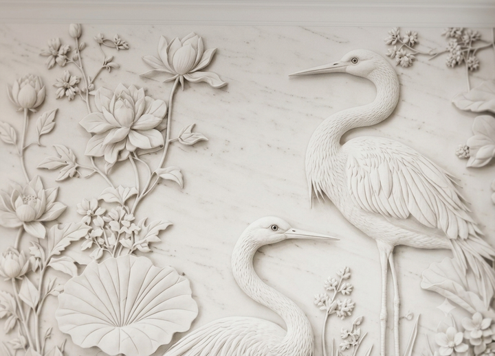 Lotus & Heron Relief Mural Wallpaper