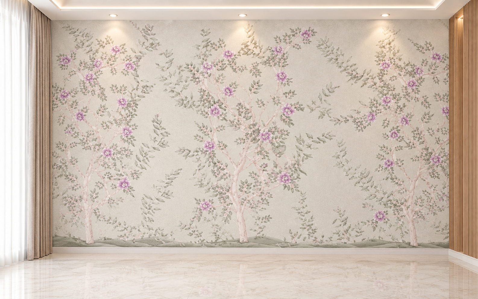 Blush Blossom Lavender Grey Garden Floral Wallpaper