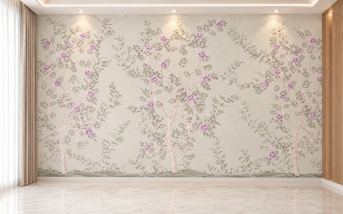 Blush Blossom Lavender Grey Garden Floral Wallpaper