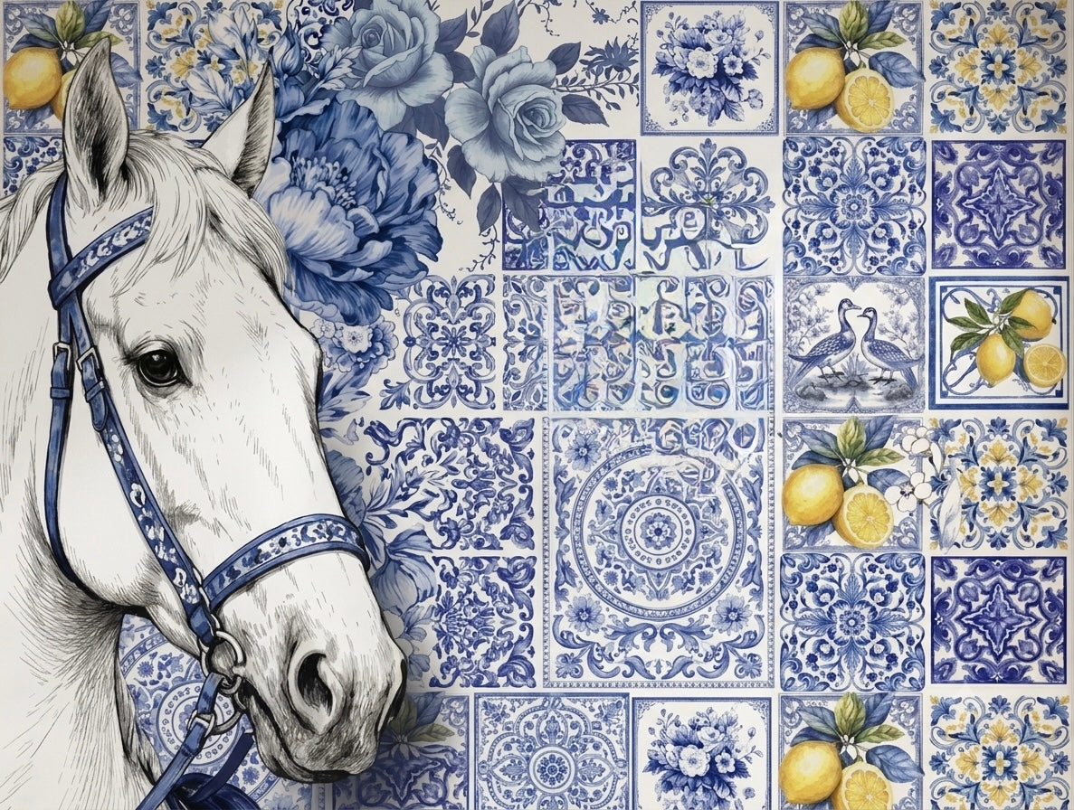 Blue Majolica Tile & White Horse Wallpaper