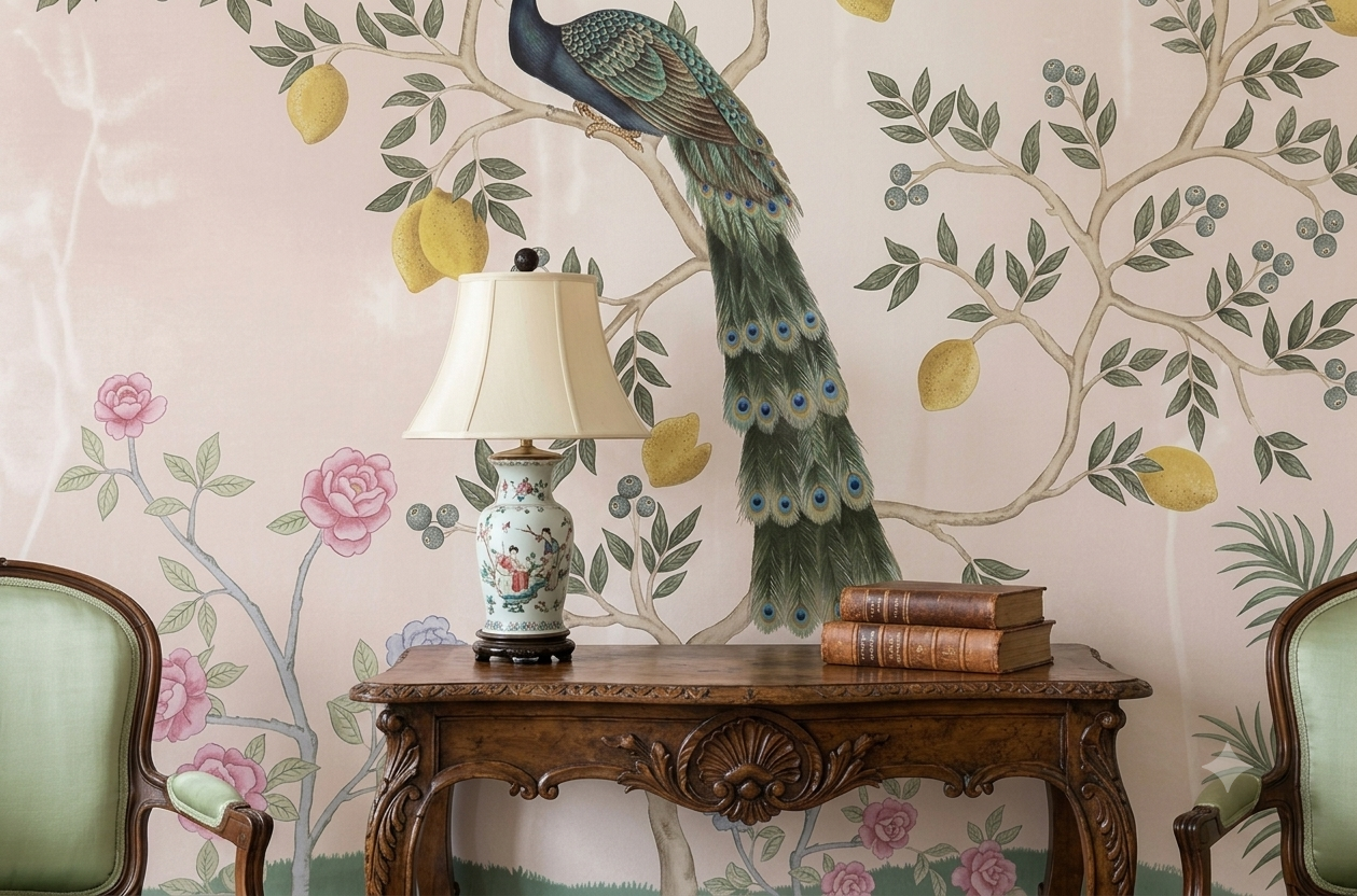 Royal Peacock Garden Blush Pink Wallpaper