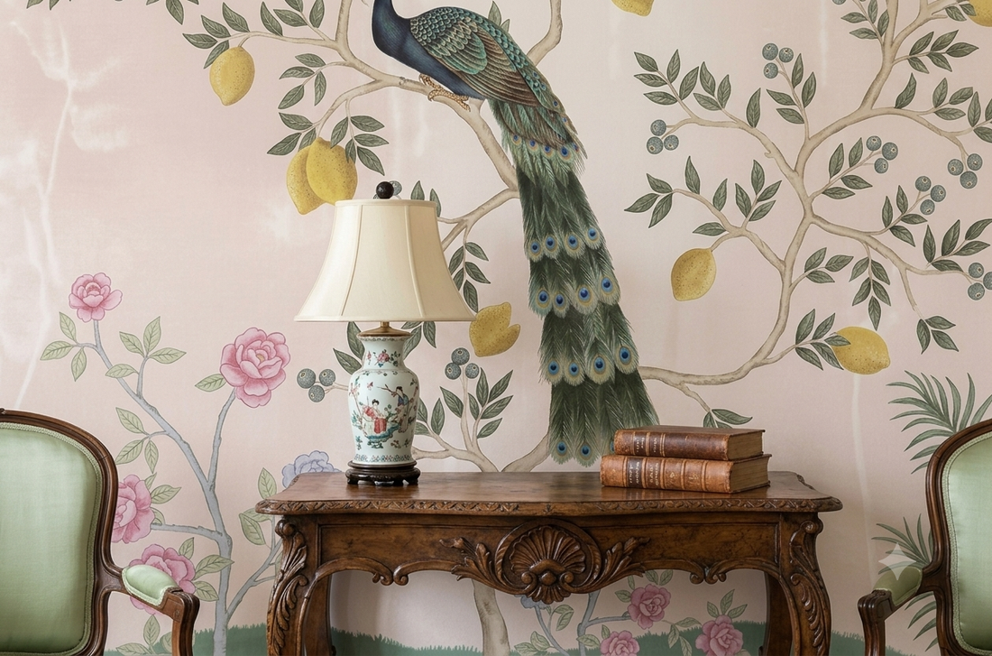 Royal Peacock Garden Blush Pink Wallpaper