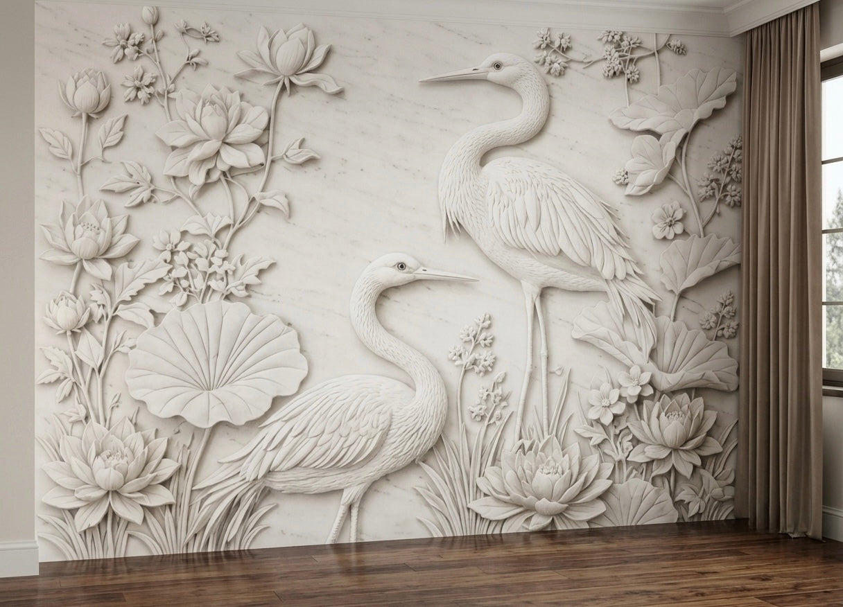 Lotus & Heron Relief Mural Wallpaper
