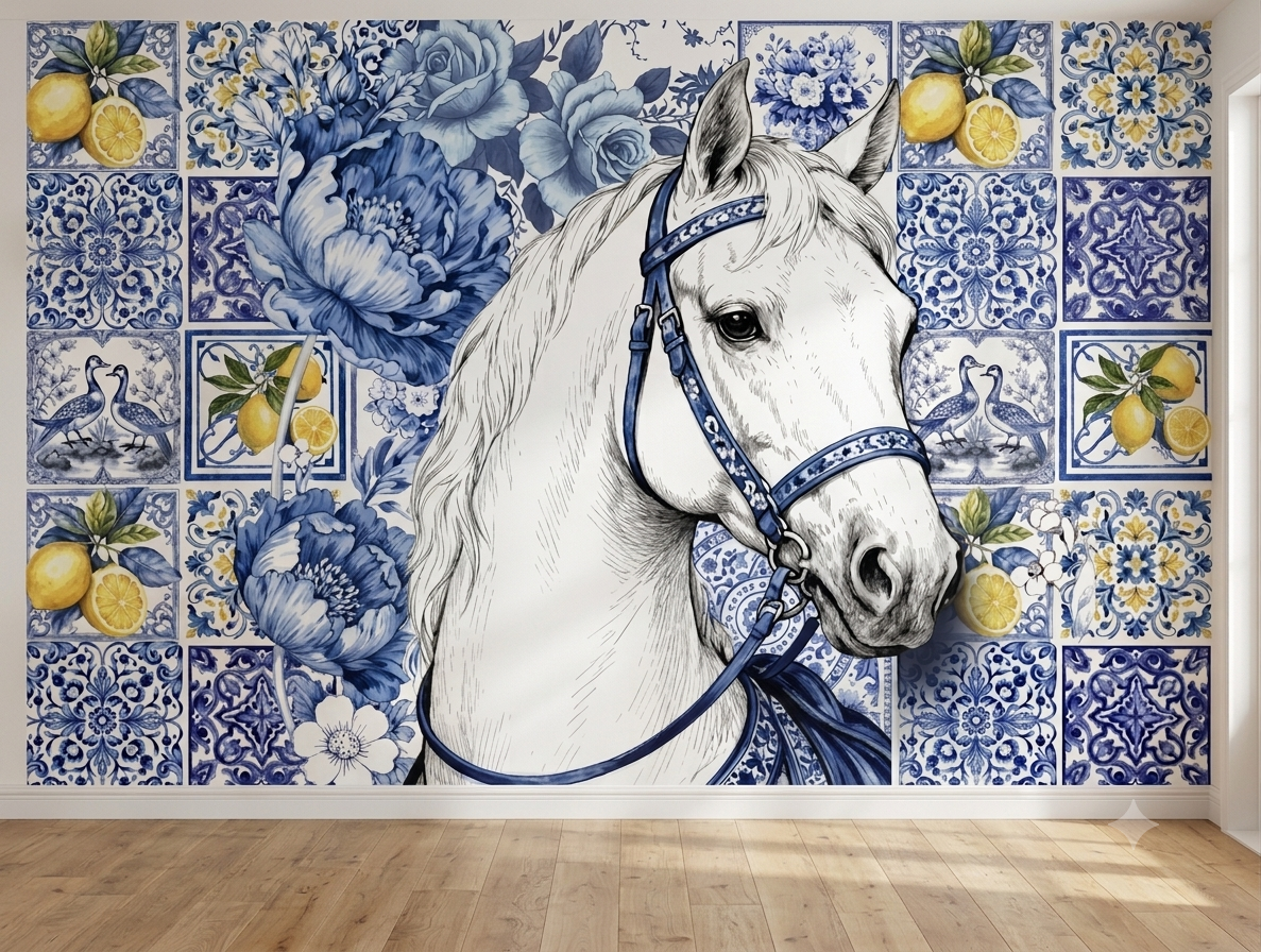 Blue Majolica Tile & White Horse Wallpaper