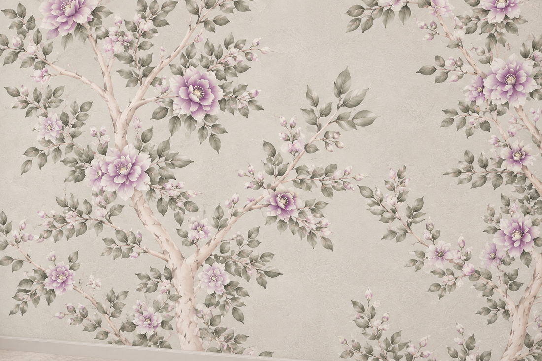 Blush Blossom Lavender Grey Garden Floral Wallpaper