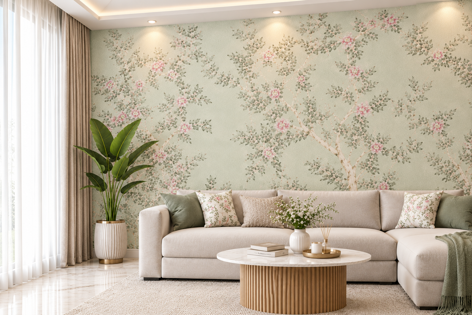 Blush Blossom Saga green Floral Wallpaper