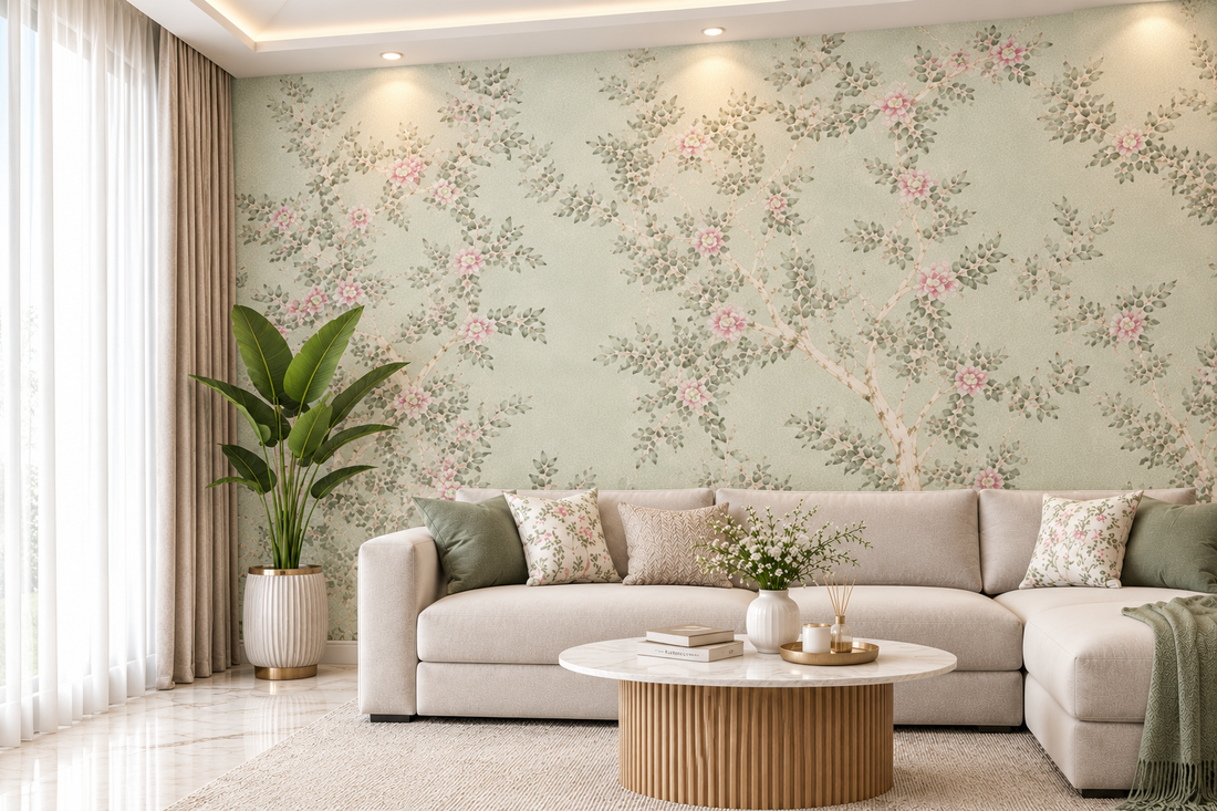 Blush Blossom Saga green Floral Wallpaper