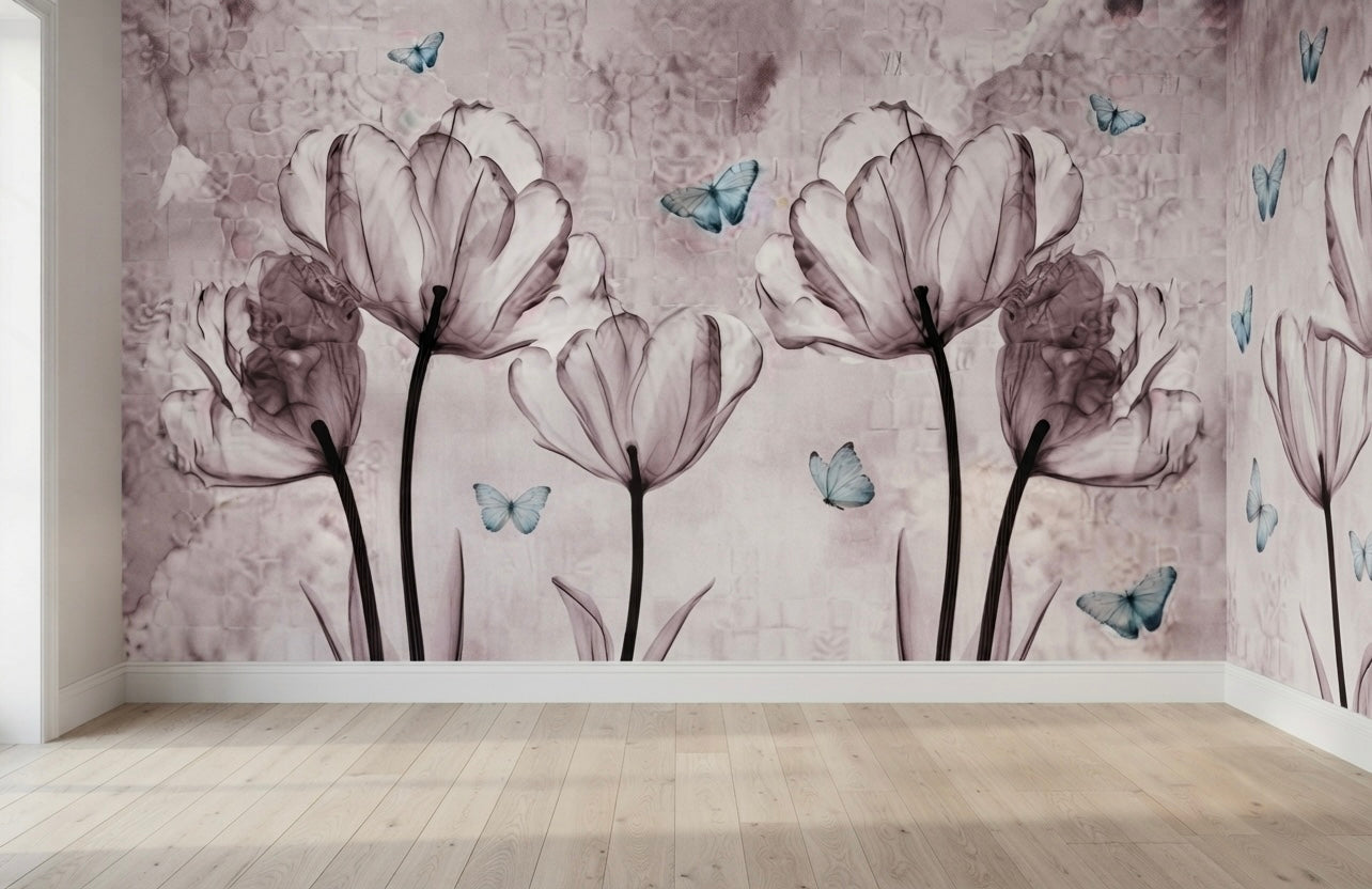 Blush Magnolia Butterfly Floral Mural Wallpaper