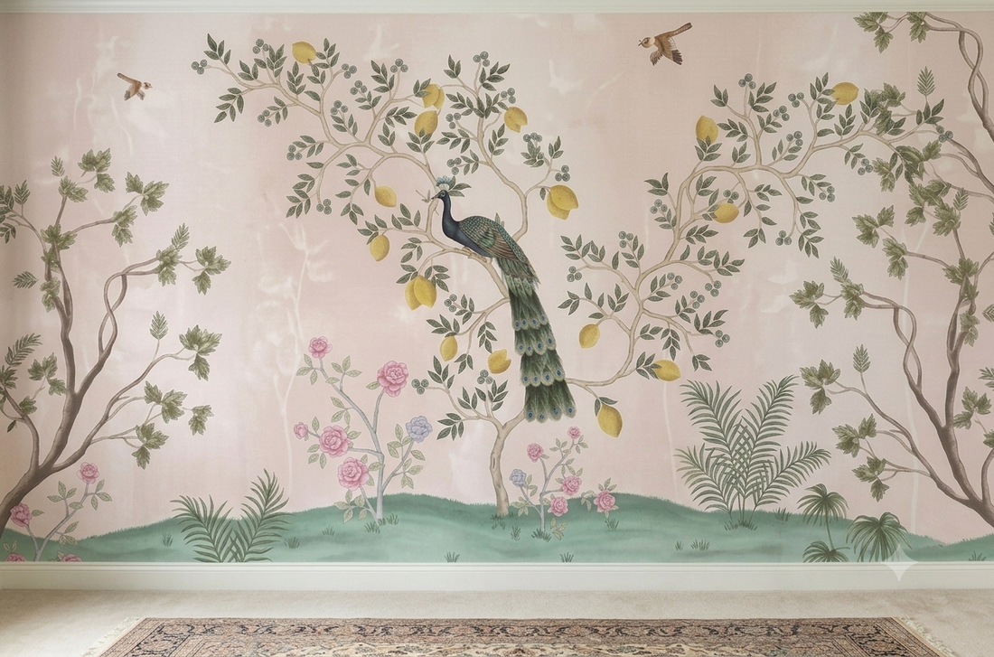 Royal Peacock Garden Blush Pink Wallpaper