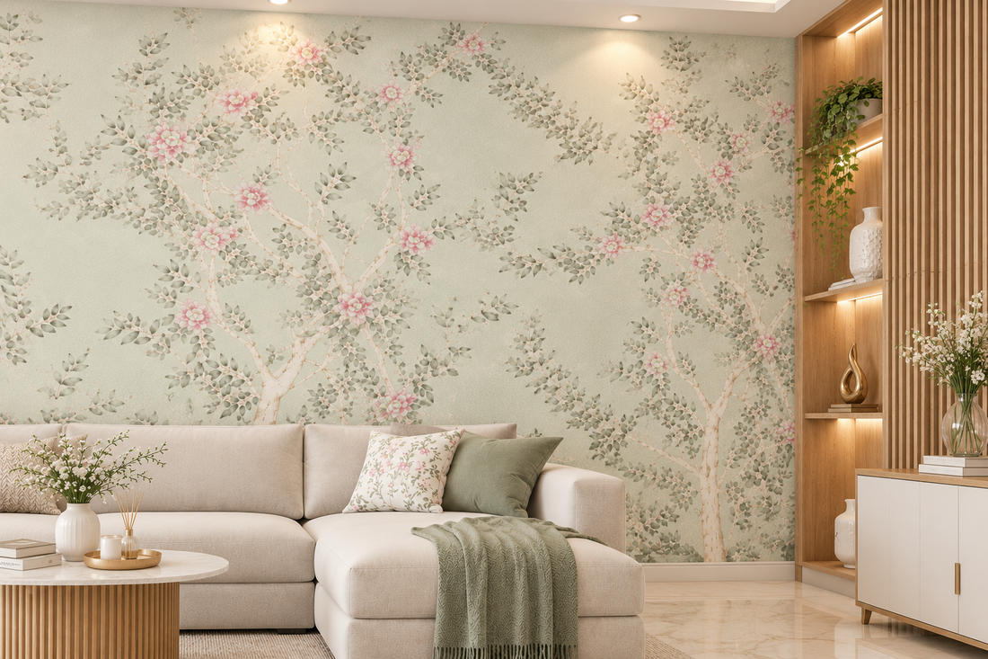 Blush Blossom Saga green Floral Wallpaper