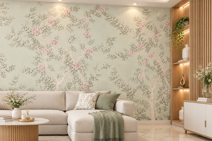 Blush Blossom Saga green Floral Wallpaper