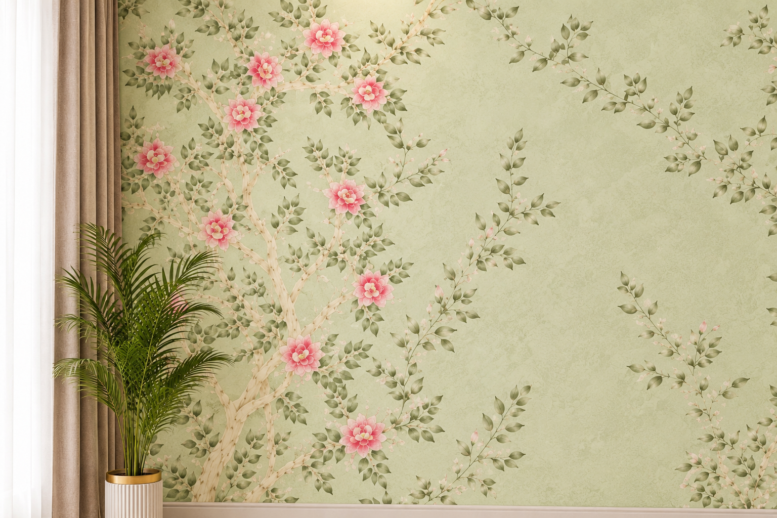 Blush Blossom Green  Garden  Floral Wallpaper