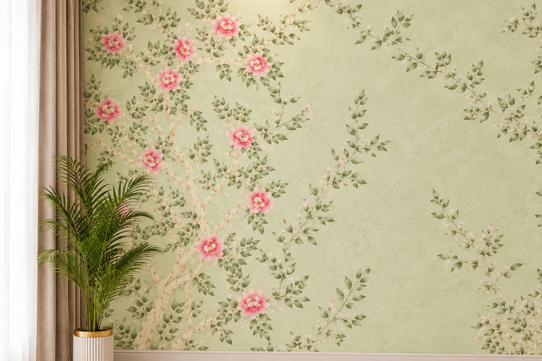 Blush Blossom Green  Garden  Floral Wallpaper