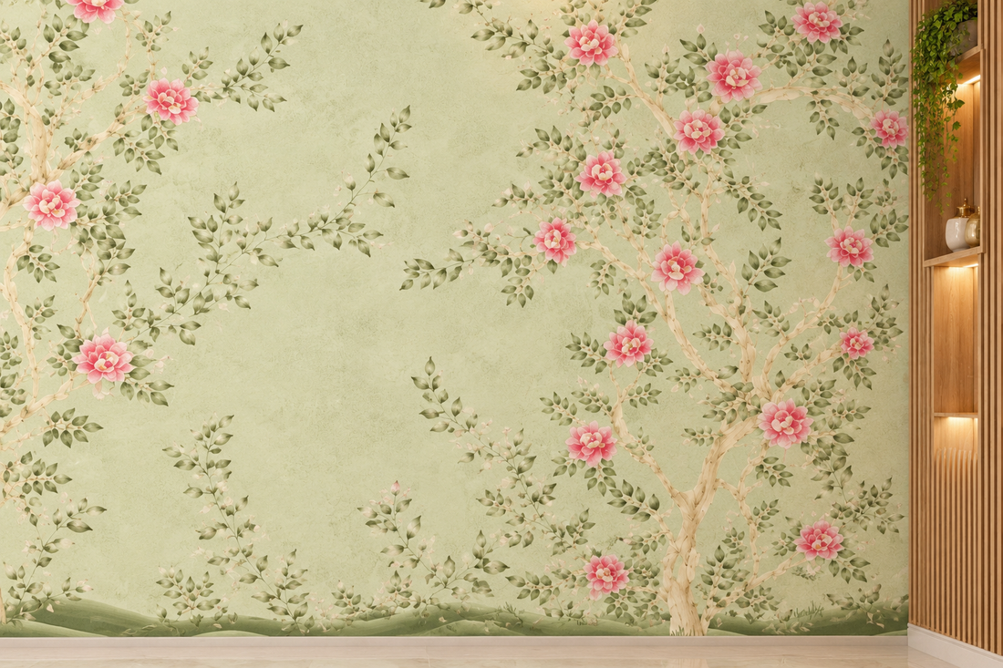 Blush Blossom Green  Garden  Floral Wallpaper