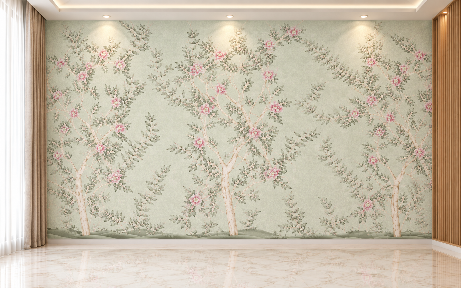 Blush Blossom Saga green Floral Wallpaper