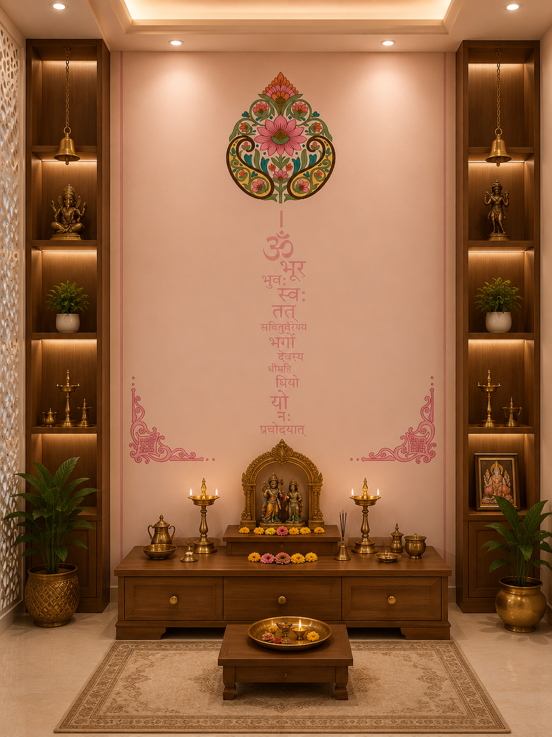 Gayatri Mantra Floral Mandir Wallpaper