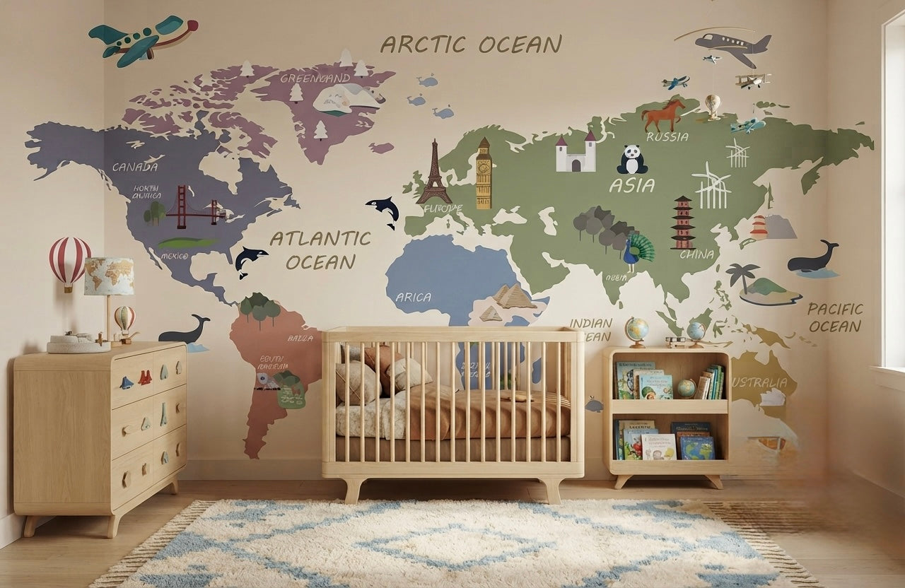 World Map Wall Mural for Kids' Rooms