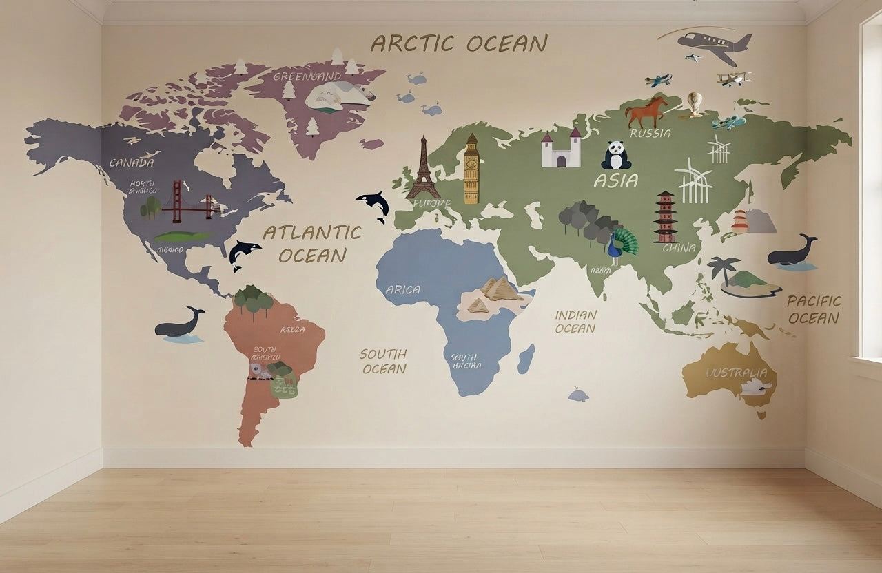 World Map Wall Mural for Kids' Rooms