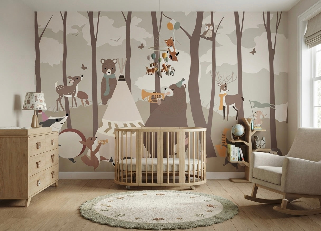 A large-scale woodland wallpaper mural