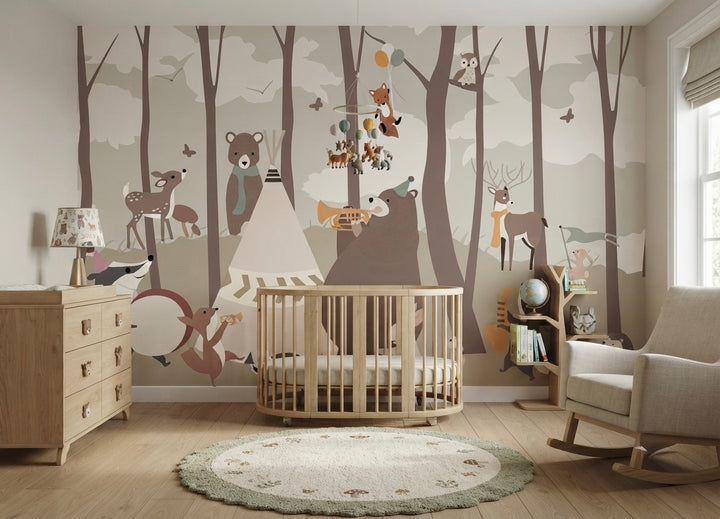 A large-scale woodland wallpaper mural