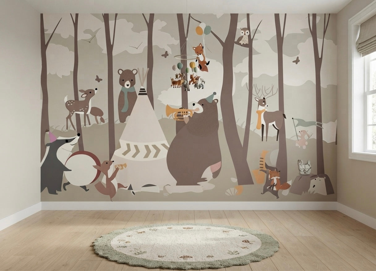 A large-scale woodland wallpaper mural