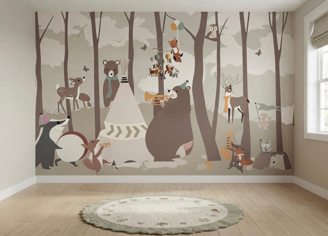A large-scale woodland wallpaper mural