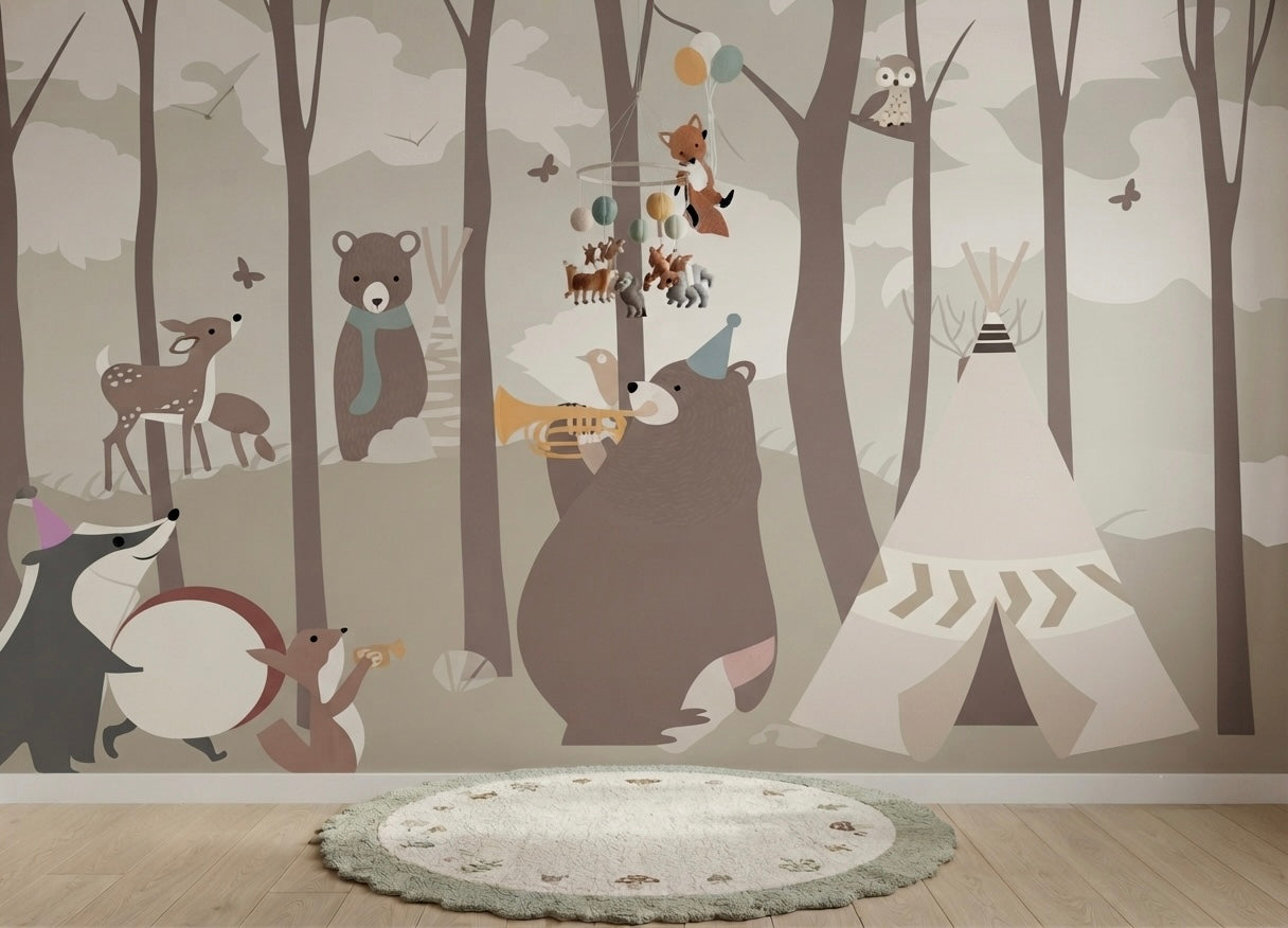 A large-scale woodland wallpaper mural