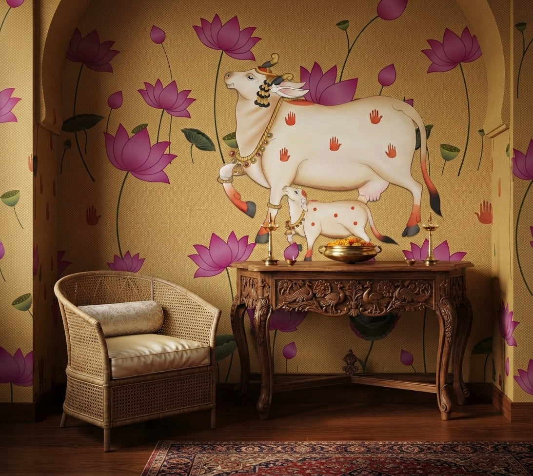 Calf in a Lotus Garden Wallpaper