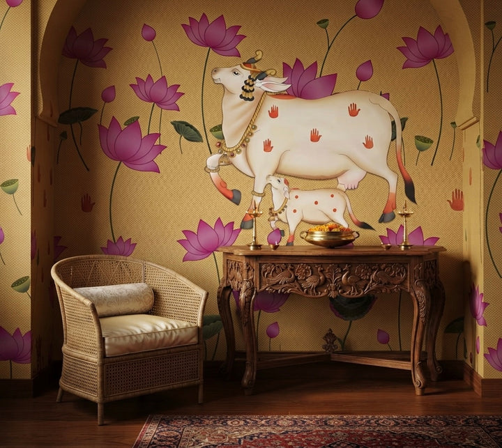 Calf in a Lotus Garden Wallpaper