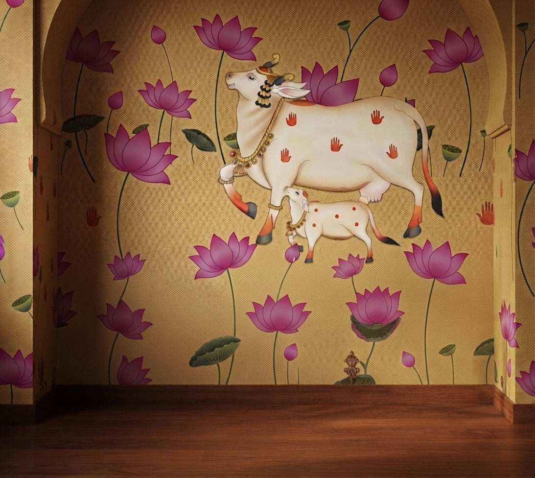 Calf in a Lotus Garden Wallpaper